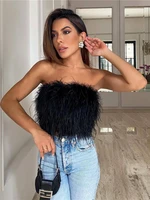 women artificial fur feather crop top vest sleeveless solid color strapless fluffy backless slim fit tube tops streetwear y2k