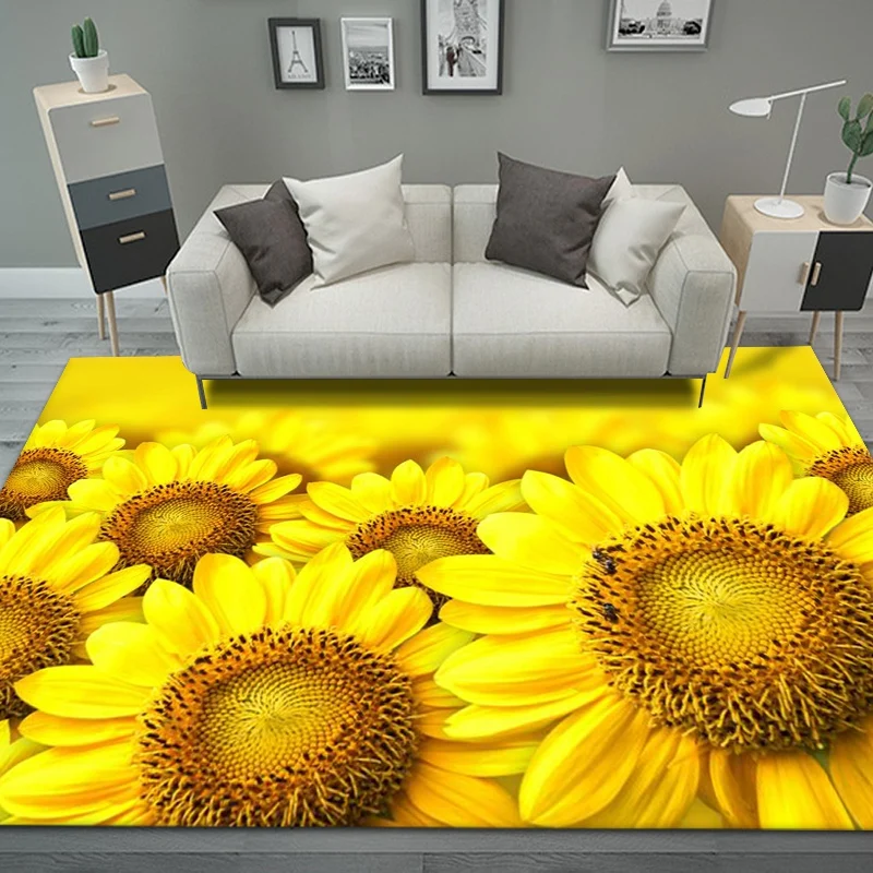 

3D Sunflower Rose Living Room Rugs Carpets Home Decor Room Mat Flannel Non-Slip Bedroom Kitchen Carpet Floor Area Rug Doormat