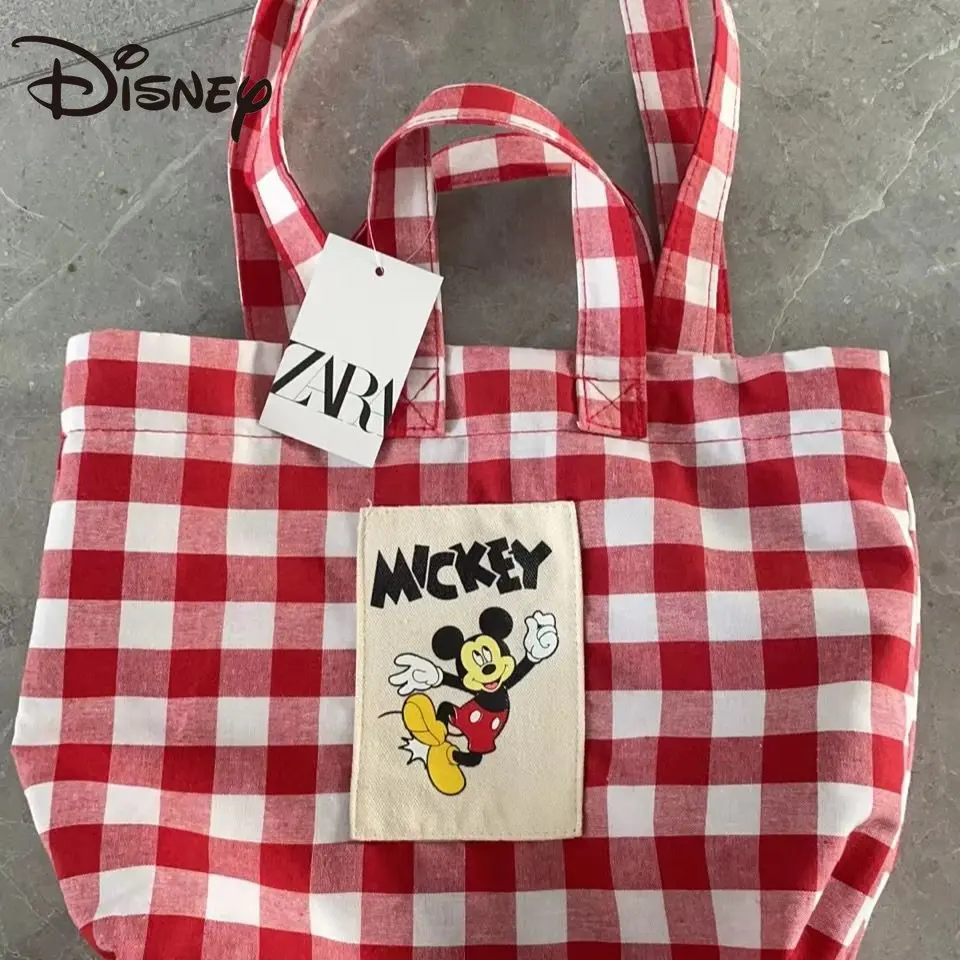 

Disney New Women's Bag Red Plaid Canvas Bag Handbag Mickey Large Capacity Shoulder Bag Shopping Bag Mummy Bag