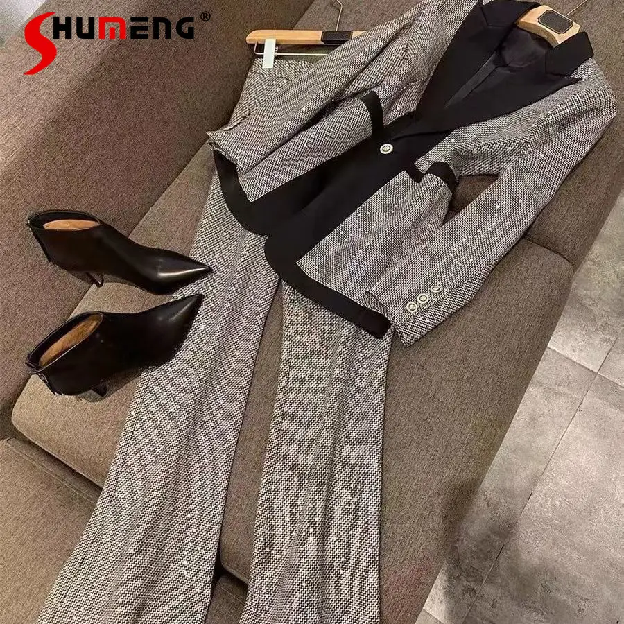 2022 Spring New Coat Heavy Embroidery Sequins Plaid Color Matching Suit High-Waisted Boot-Cut Pants Two Piece Set for Women