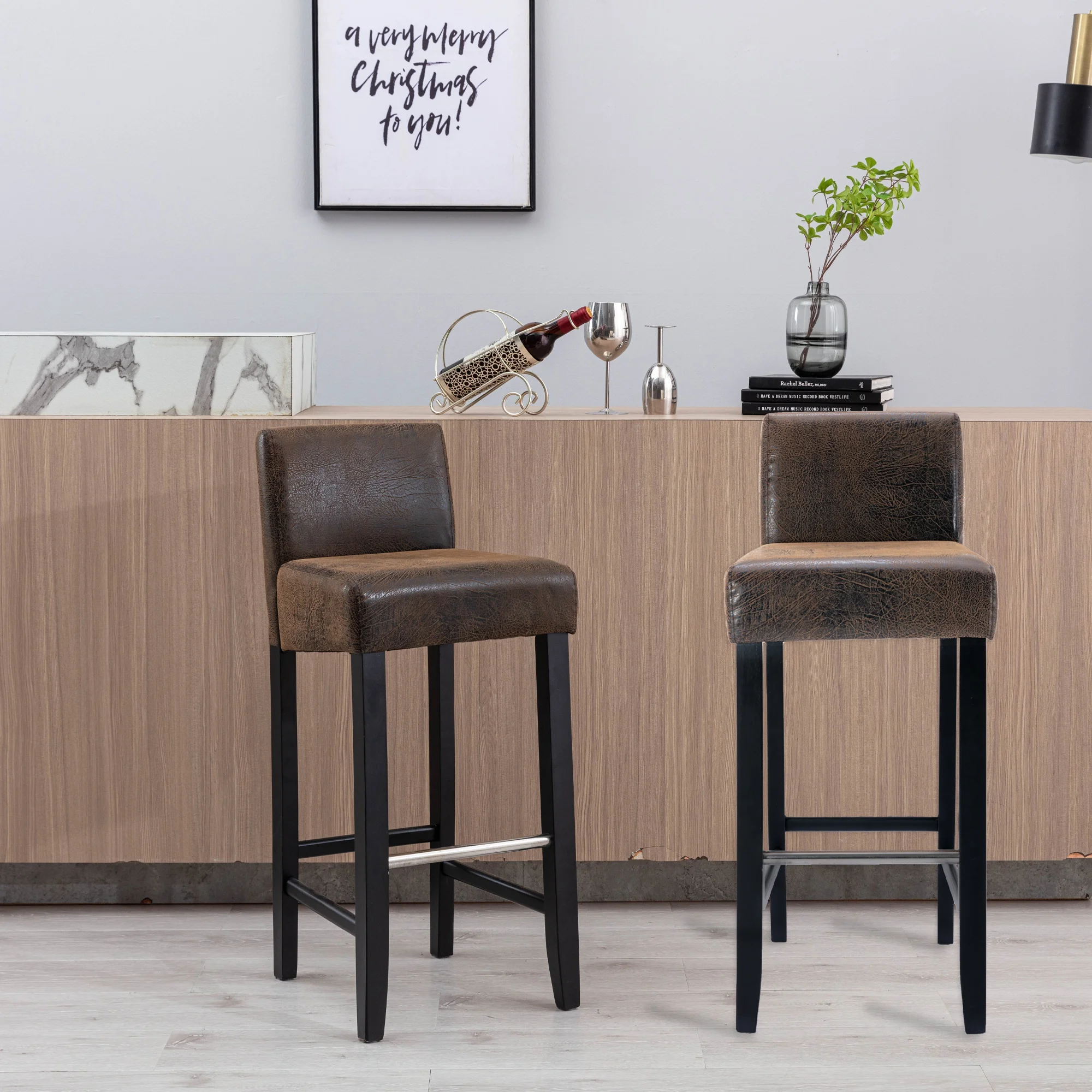 

2pcs Barstool in Brown Fabric and Black Wood High Stools Dining Chairs Bar Chairs Finish with Back Dining Living Room Furniture