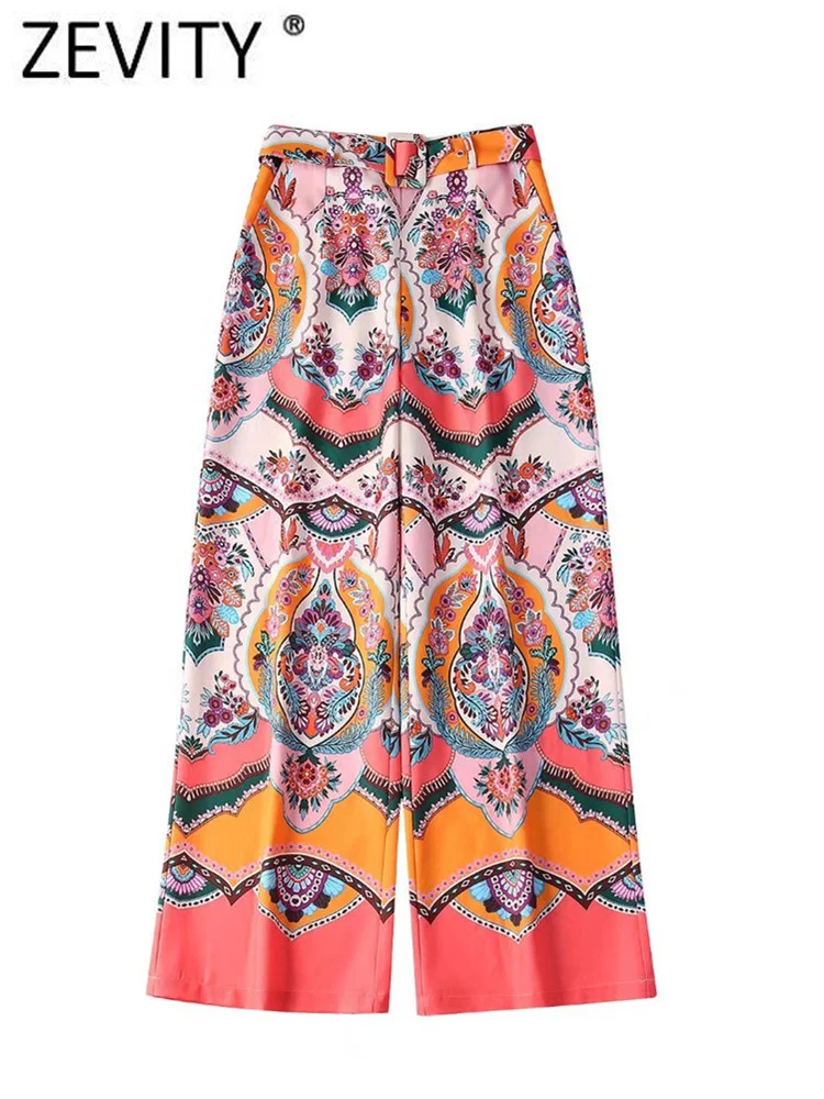 

Zevity Women Vintage Position Totem Floral Wide Leg Pants Female Chic Side Zipper Pocket Sashes Trousers Pantalones Mujer P1408