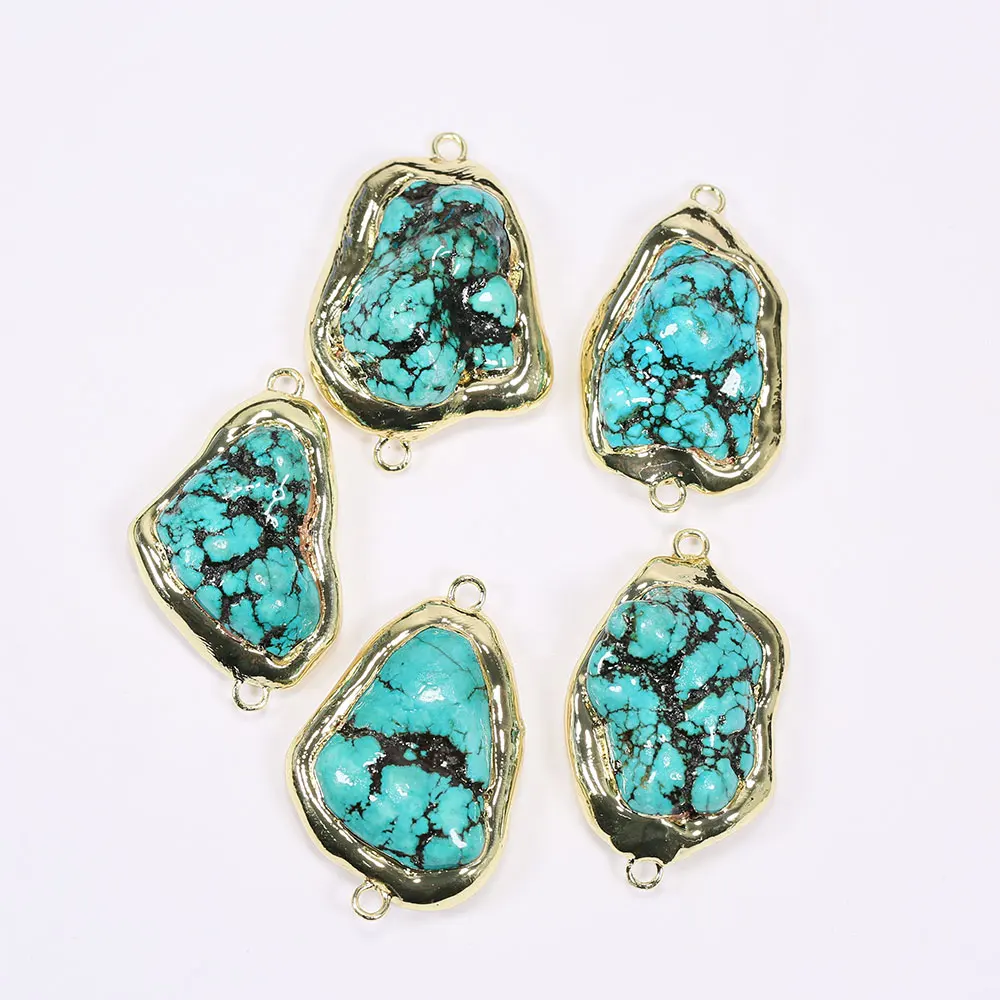 APDGG 5 Pcs Blue Turquoise Freeform Nugget Beads 14K Gold Plated Connector Real Stone For Jewelry Making DIY