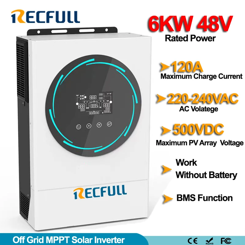

Автономный солнечный инвертор, 6 кВт, 230 В постоянного тока, а, контроллер MPPT, 48 В, в, работает без аккумулятора со встроенным Wi-Fi зарядным устройством BMS