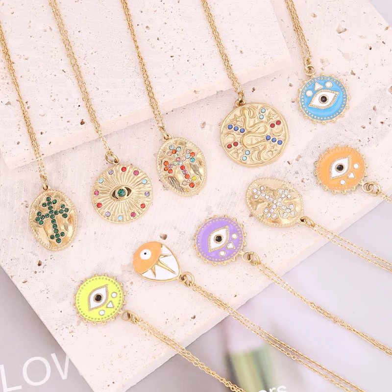 

Trendy Stainless Steel Necklace for Women Devil Eye Geometric Cross Oil Drop Color Zirconium Jewelry Women Wholesale