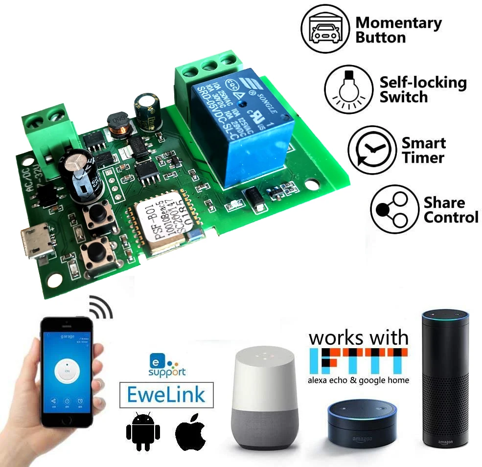 

Ewelink Wifi RF Switch Module 1 Way Control 7-32v Wireless Remote Control Relay 1 Channel Alexa Googole Home Voice Control