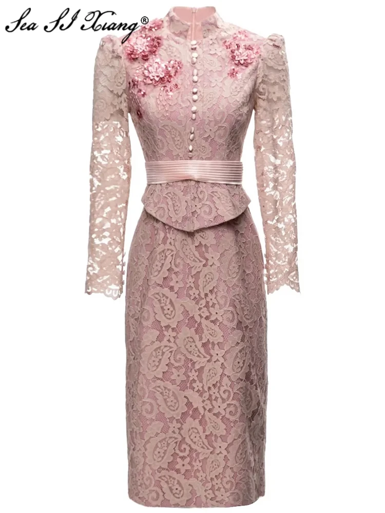 

Seasixiang Fashion Early Autumn Lace Pencil Dress Women Stand Collar Long Sleeve Sequins Embroidery Appliques Vintage Dresses