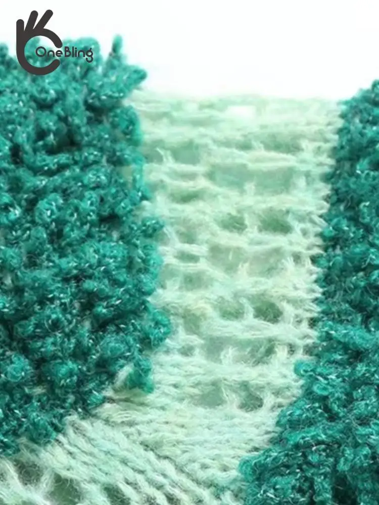 Женский ажурный кардиган OneBling вязаный Зеленый однобортный свитер в полоску с