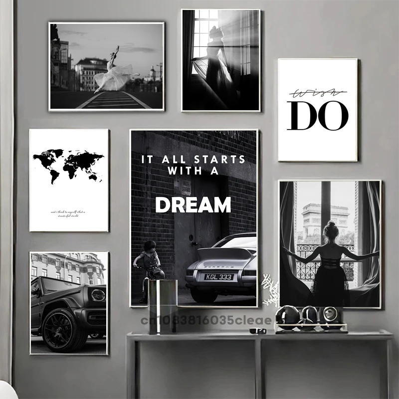 Винтажные модные черные и белые плакаты на автомобиль мечты декоративные