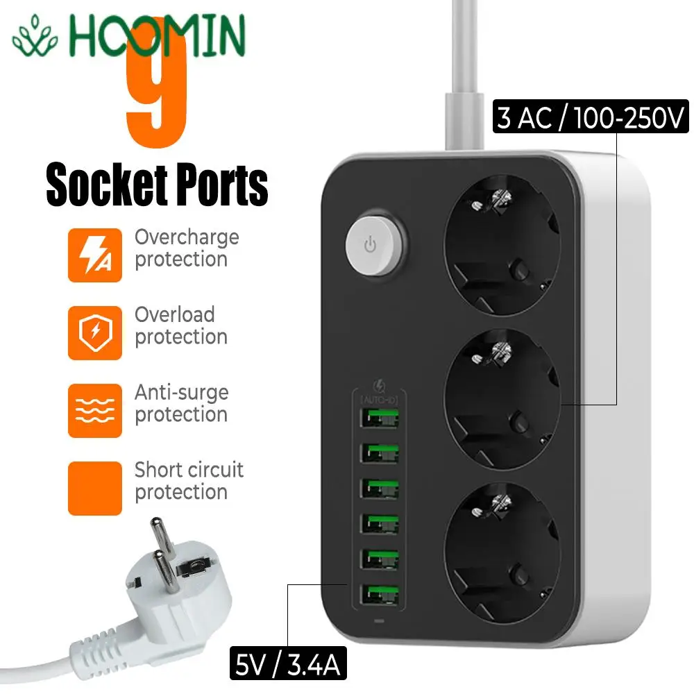 

9 In 1 100-250V 3 AC Power Adapters Outlets 5V 3.4A Universal Socket Ports Extension USB Power Strip 6 USB Chargers EU Plug