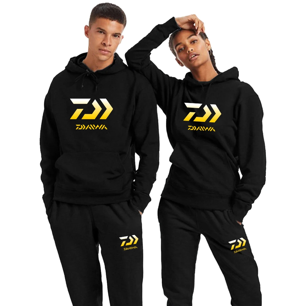 Autumn Winter Men's Tracksuit Daiwa Fishing Print 2 Pieces Set Sweatshirt + Sweatpants Couple Hoodies Suit Women Clothing