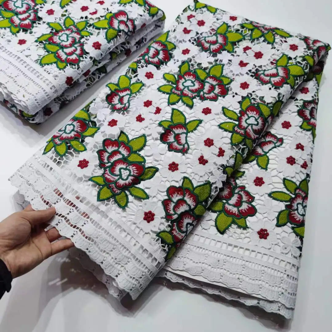 

African Design Guipure Cord 5 Yards Cotton Lace Fabric Swiss 2022 High Quality Punch Fabric Nigeria For Women Prom Dress Cloth