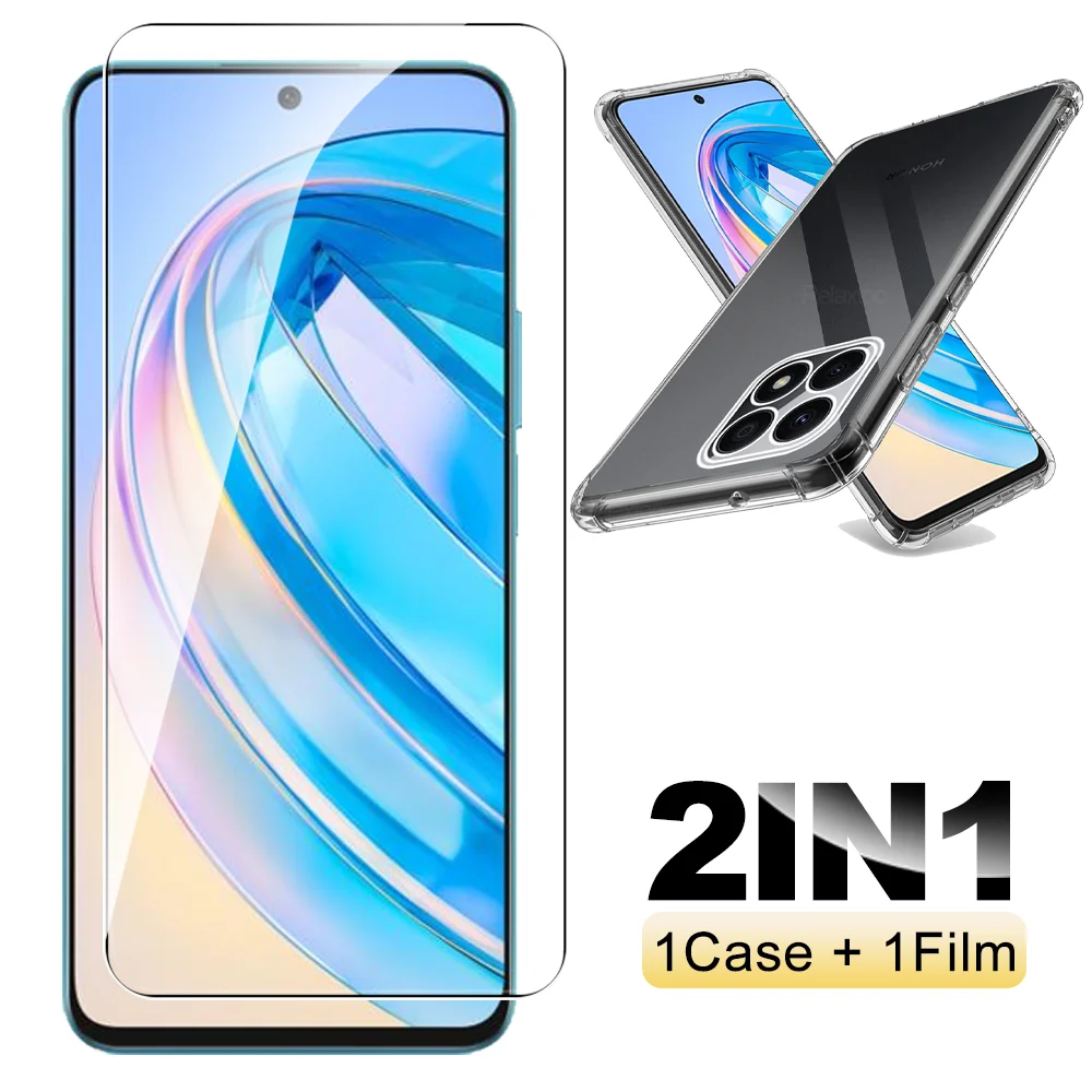2in1 For Honor X8a 4G Case&Screen Protector Tempered Glass Hono Honer Honar X8 A X 8a HonorX8a Shockproof Clear Soft Cover Shell