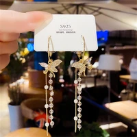 korean luxury long tassel butterfly drop earrings fashion jewelry gold color hoop pearl crystal flower earrings for women party