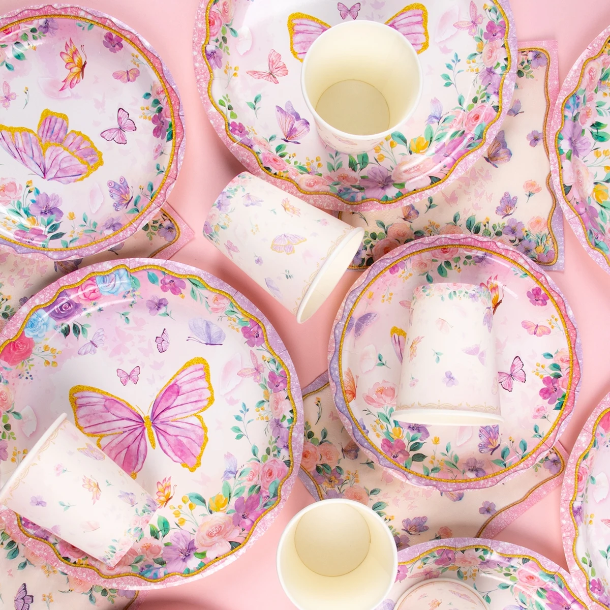 

Pink Butterfly Flower Tableware Disposable Paper Plates Cups Butterfly Theme Birthday Party Decor Wedding Baby Shower Supplies