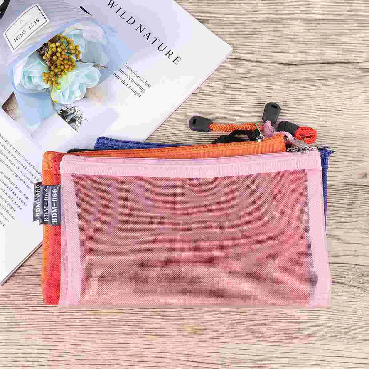 

5PCS Zipper Mesh Pouch Portable Transparent School Cosmetics Office Stationery Bag Pencil Case Pen Holder