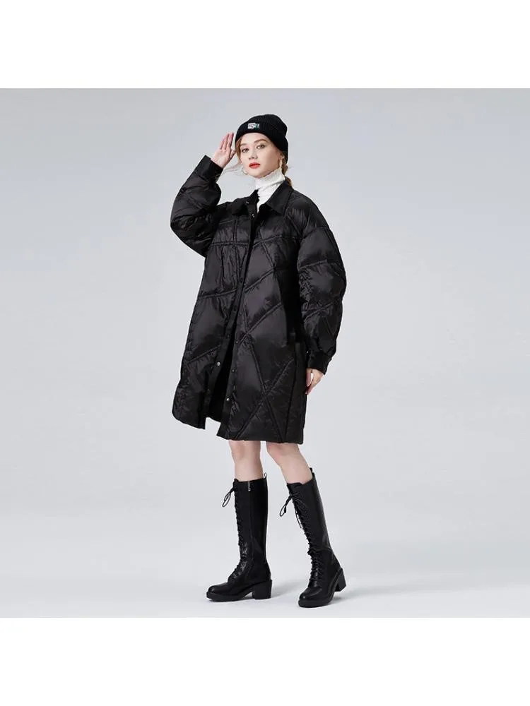 High-End Warmer Bread Jackets Women's 2022 Winter New Fashion Bright Shirt Collar Loose Long Black 90 White Down Coats