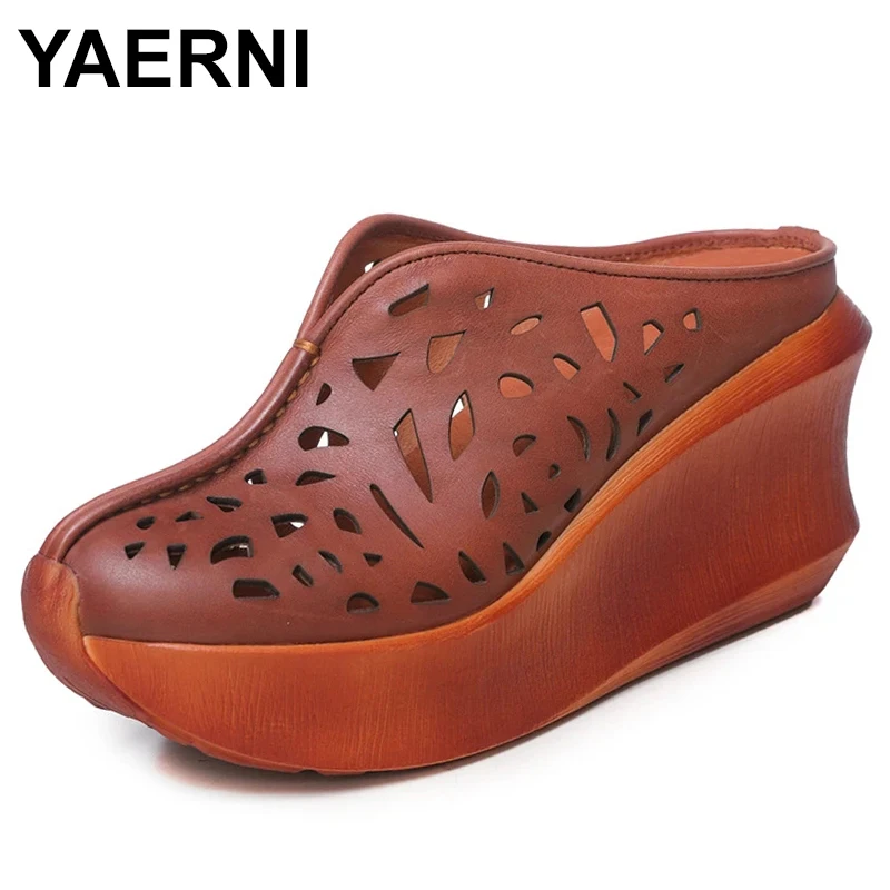 

Genuine Leather Floral High Heels Summer Outside Platform Slippers Wedges National Style Slides Women Shoes Sandals