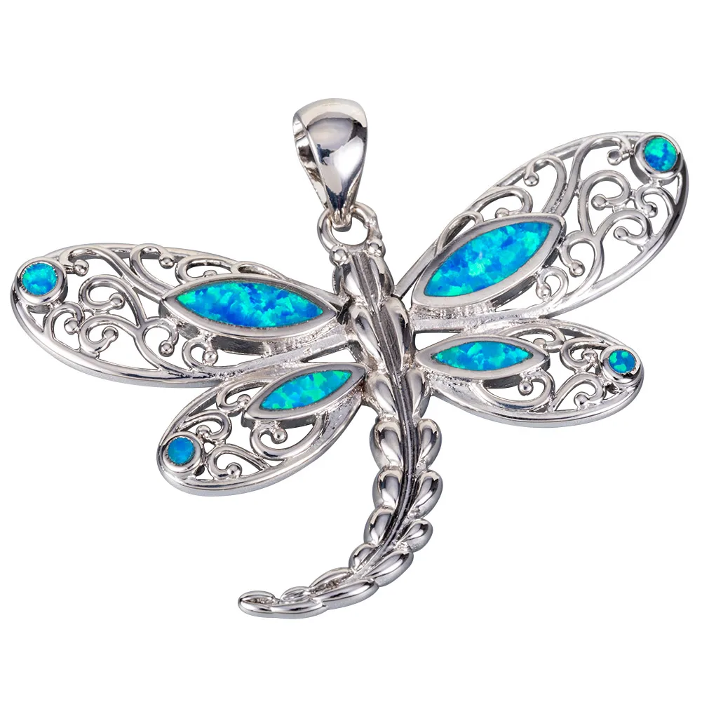 

KONGMOON Hollow Dragonfly Ocean Blue Fire Opal Silver Plated Jewelry for Women Pendant for Necklace