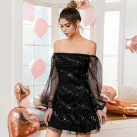 summer ruffles black sequin dress mini vestido sexy empire backless party frocks casual mesh long sleeve off shoulder dress