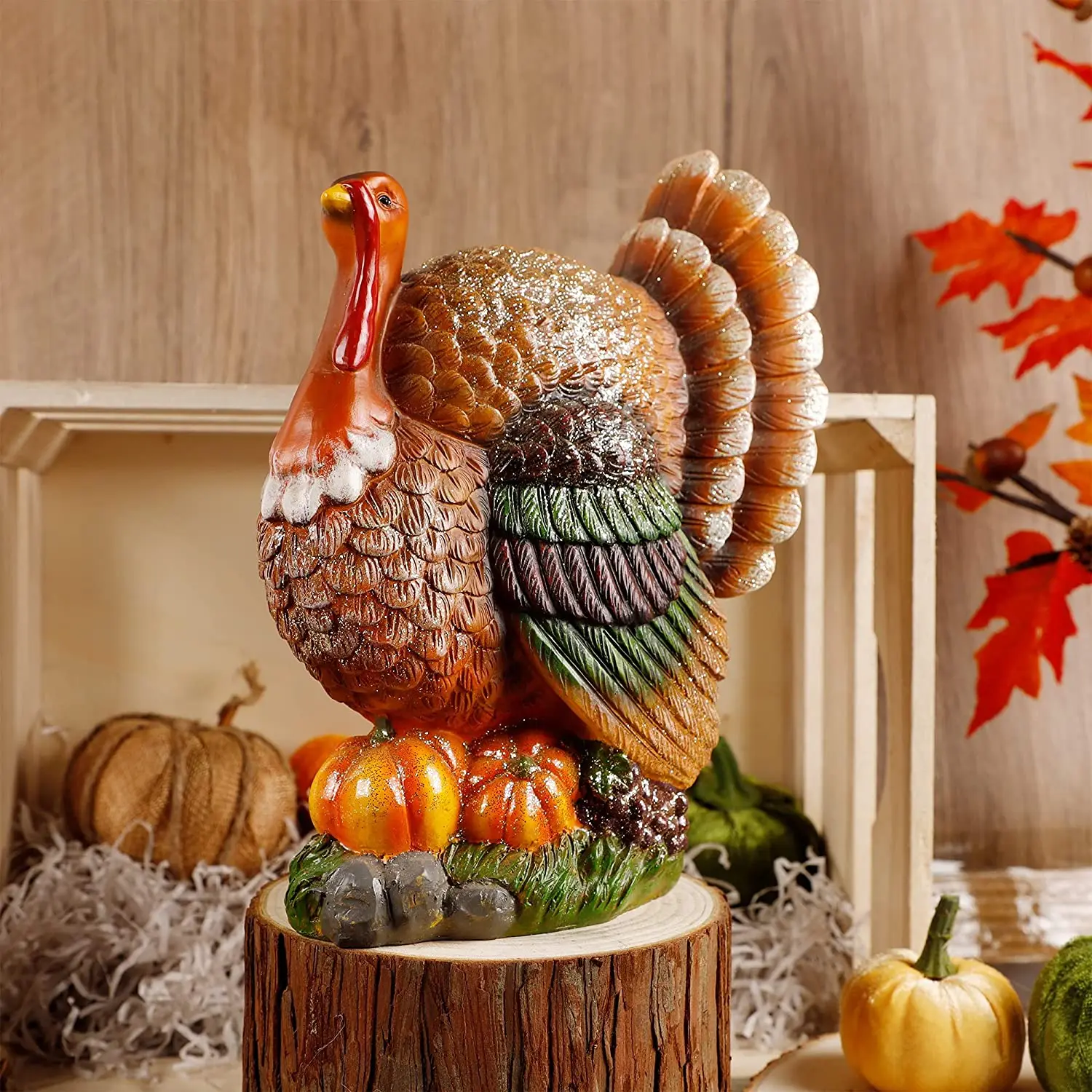 

Custom Resin Turkey with Pumpkin Thanksgiving Table Decorations Fall Figurine Centerpiece for Home Kitchen Harvest Day Decor