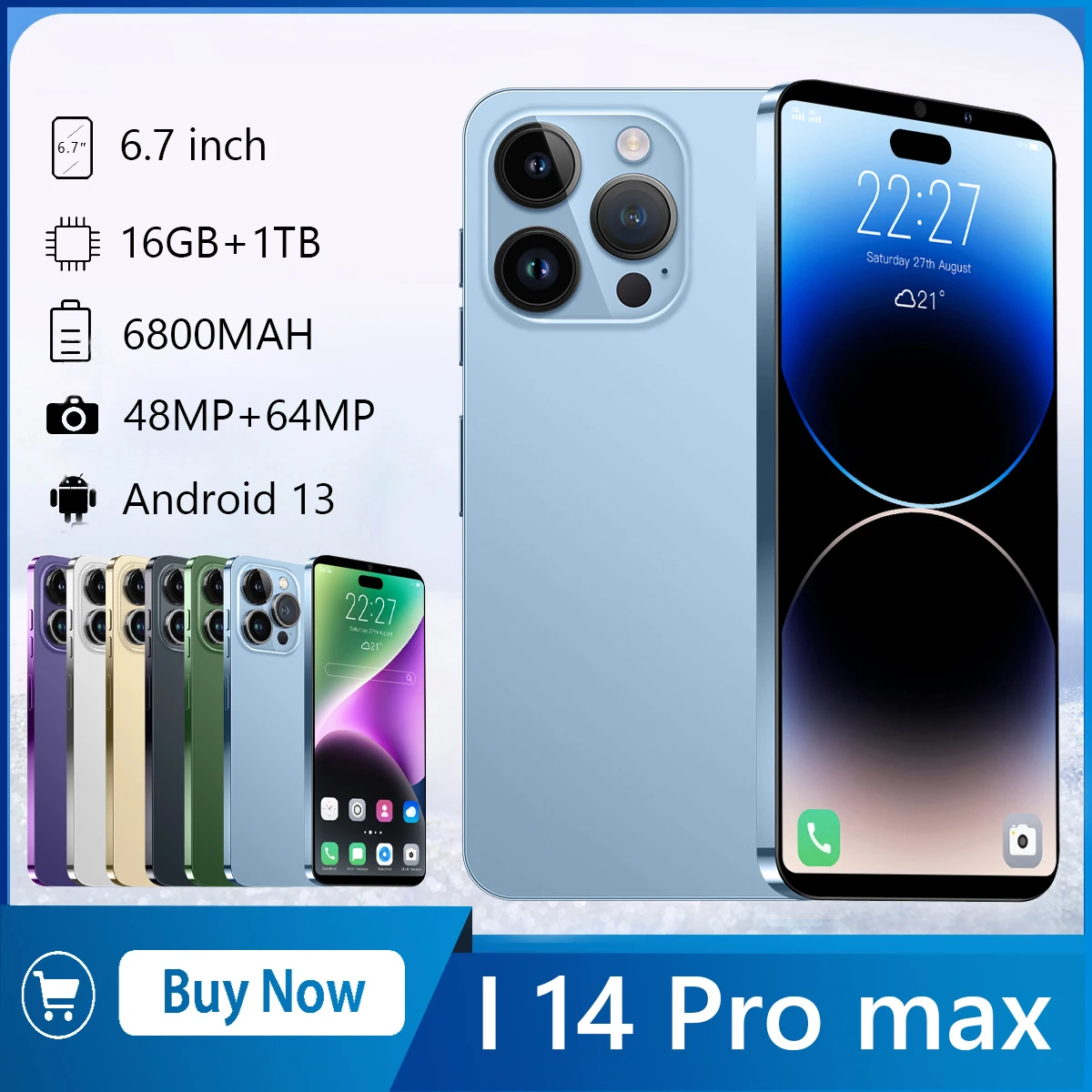 

Смартфон i14 PRO MAX, 2023 дюйма, 16 ГБ + 1 ТБ, 6800 мАч, камера 48 Мп + 64 мп