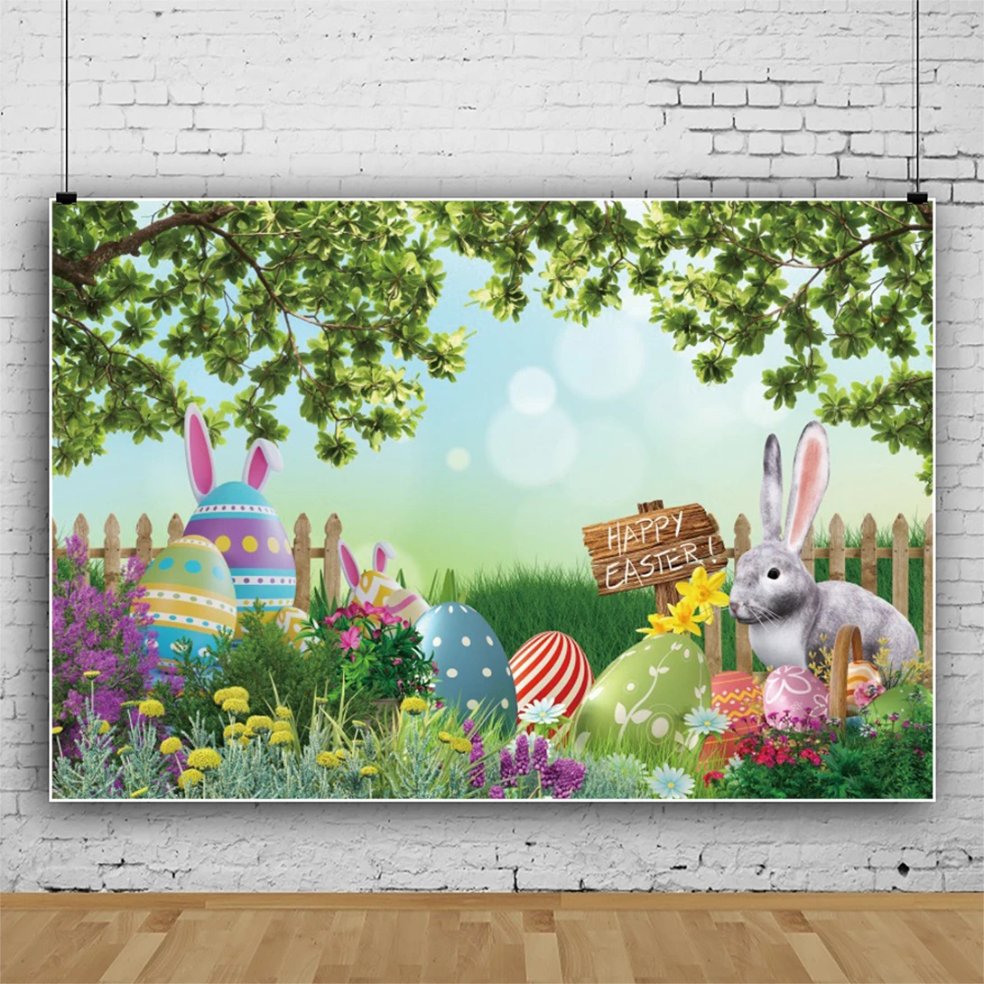 

Spring Easter Photography Background Forest Green Grass Tulips Flowers Bunny Eggs Baby Potrait Backdrops Photocall Photo Studio