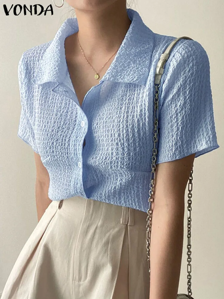 

Elegant Blouses VONDA Summer Tops Women Short Sleeve Lapel Solid Color Fashion Shirts 2023 Casual Loose Office Blusas Femininas