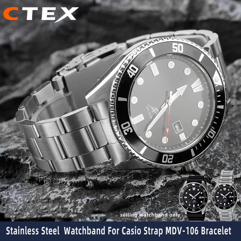 Stainless Steel Curved End Watchband 22mm  for Casio Strap MDV106/107 Bracelet  Swordfish MTP-1374 MTP-1375 Male Watch Bandt