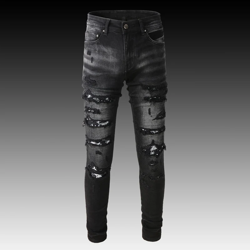 Fashion Streetwear Men Jeans Black Gray Elastic Destroyed Slim Fit Ripped Jeans Men Patched Designer Brand Hip Hop Denim Pants