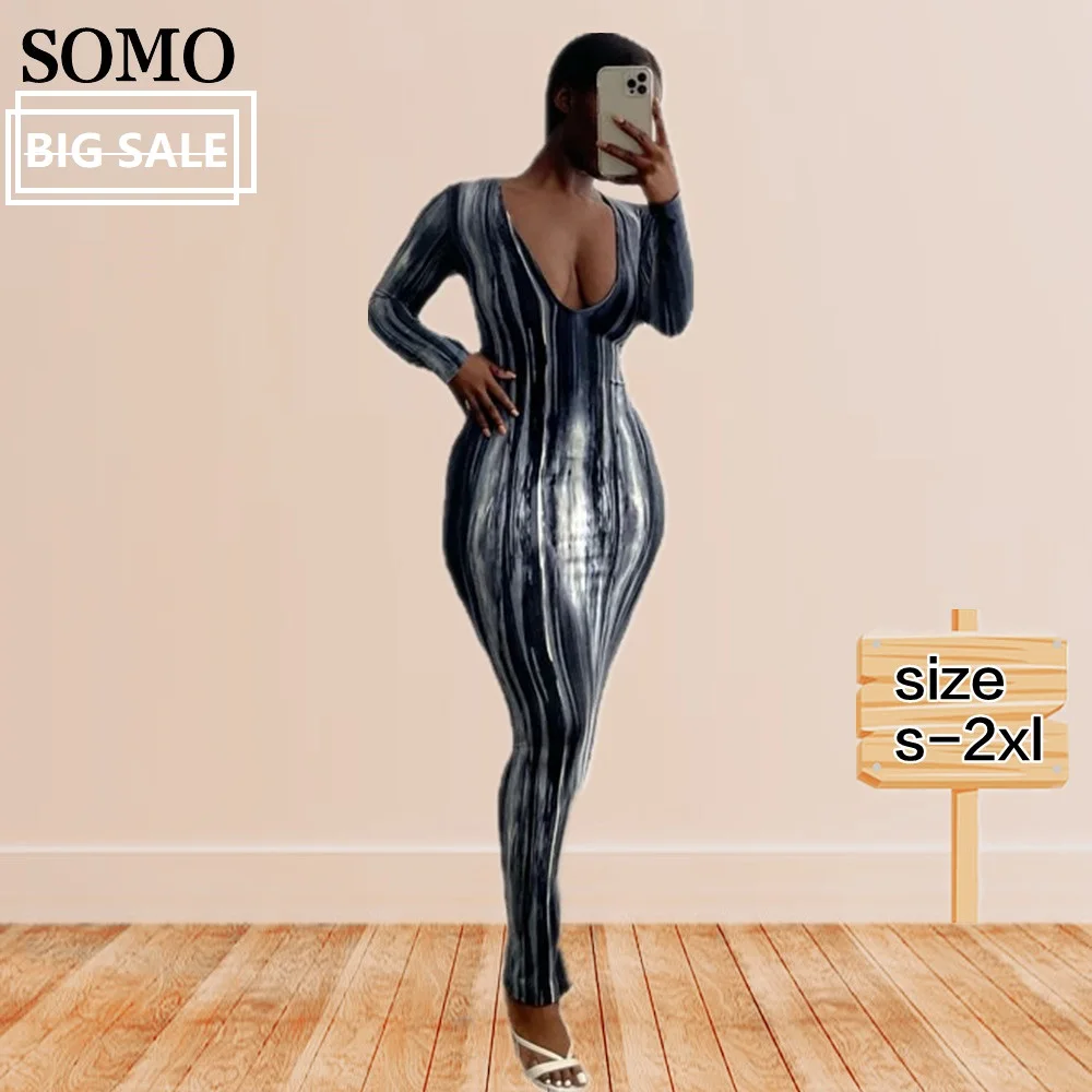 2022 Fashion Printed Long Sleeve Bodycon Dress Crew Neck Ankle Length Maxi Dresses Women Streetwear Wholesale Dropshipping
