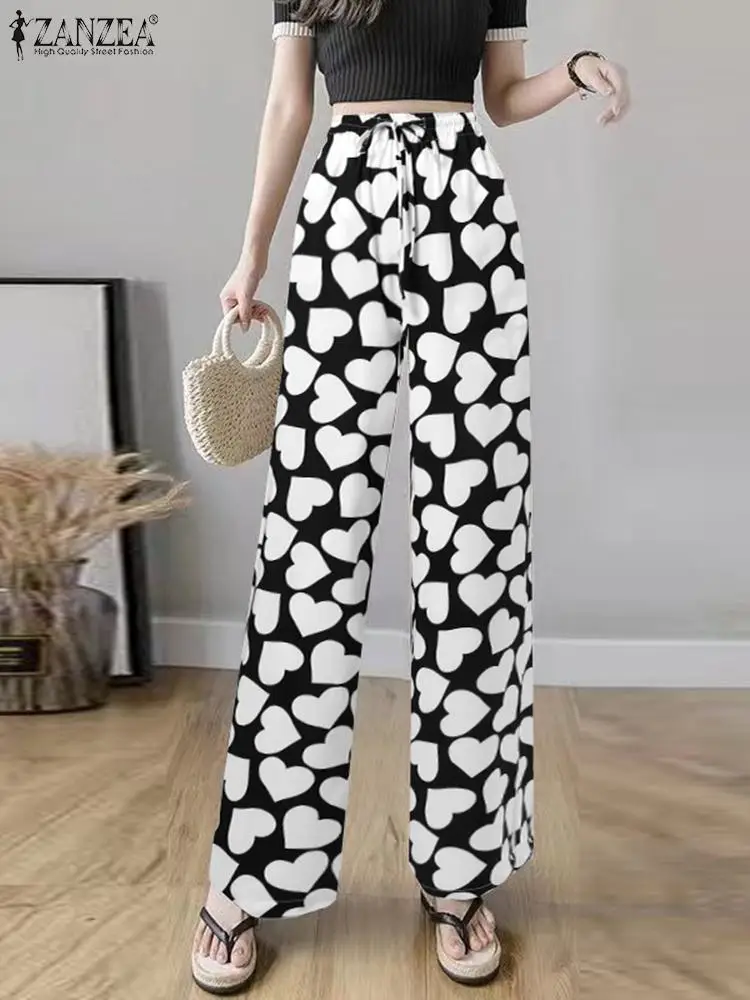 

ZANZEA Elastic High Waist Women Pantalon Fashion Spring Heart Print Drawstring Long Pants Casual Loose Female Wide Leg Trousers