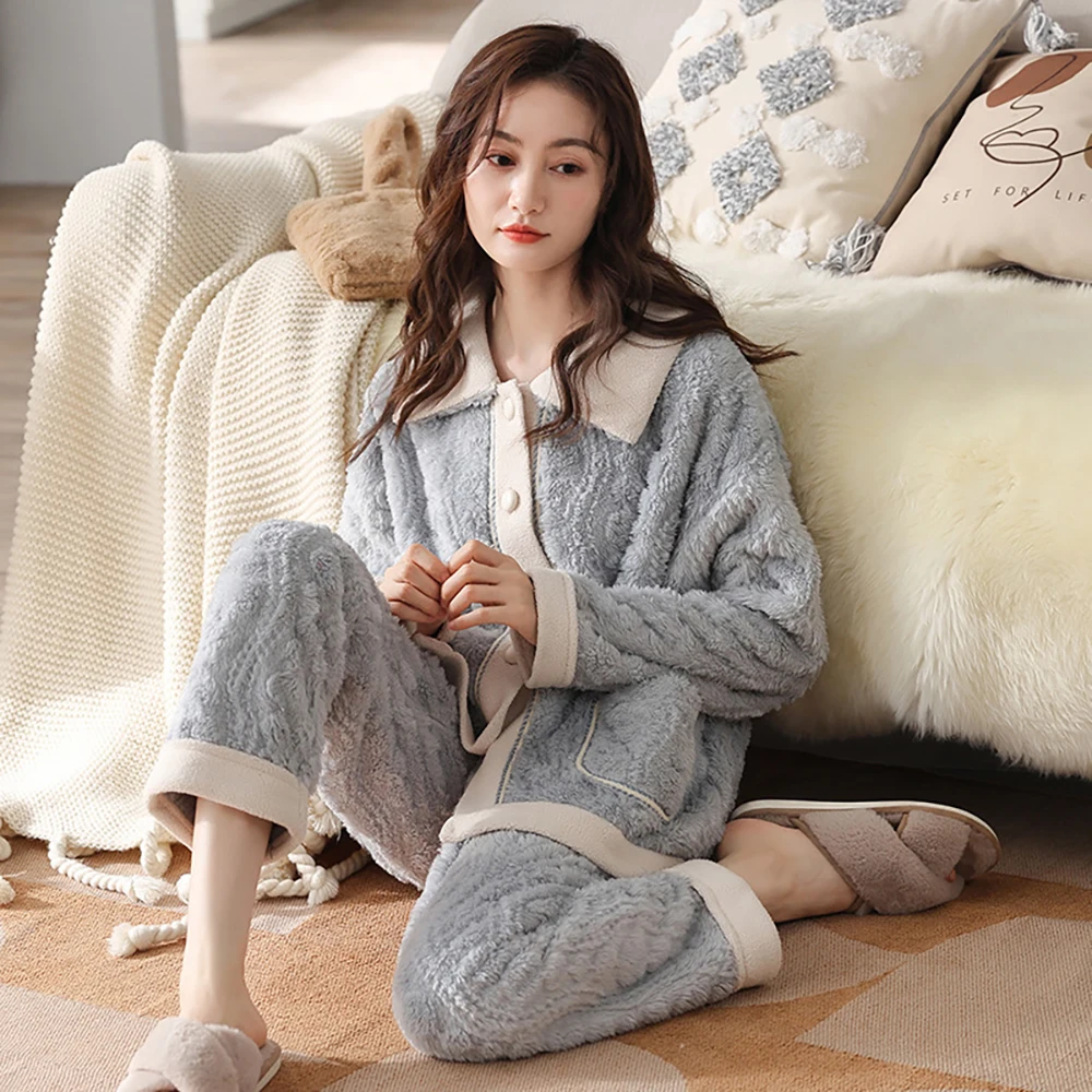 Sweet Princess Pajama Sets for Women Winter Warm Thick Flannel Sleepwear Trendy Patchwork V Neck Pjamas Casual Pijama Loungewear