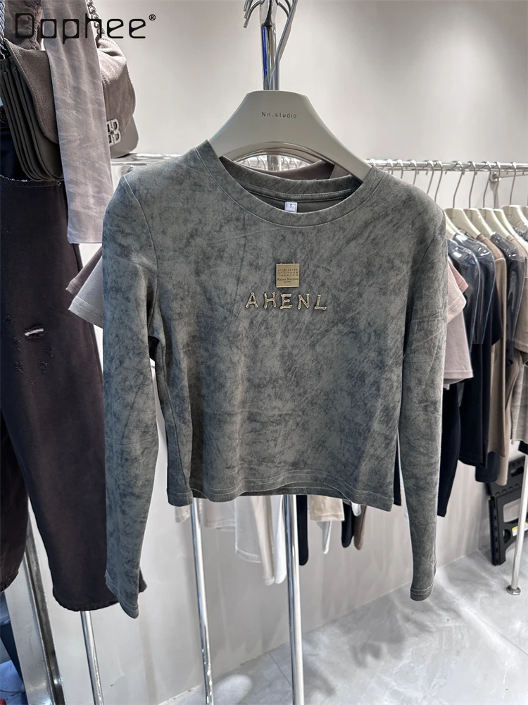 

Round Neck Letter Top Female 2023 Spring Autumn New Heavy Industry Slim Short Padded Shoulder Long Sleeve T-shirt for Women