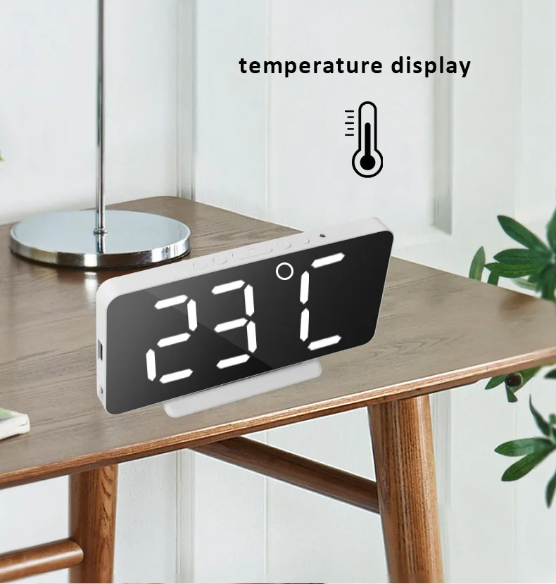 

LED Mirror Table Clock Digital Alarm Snooze Display Time Night Light USB Charging Photosensitive Sleeping Alarm Clock
