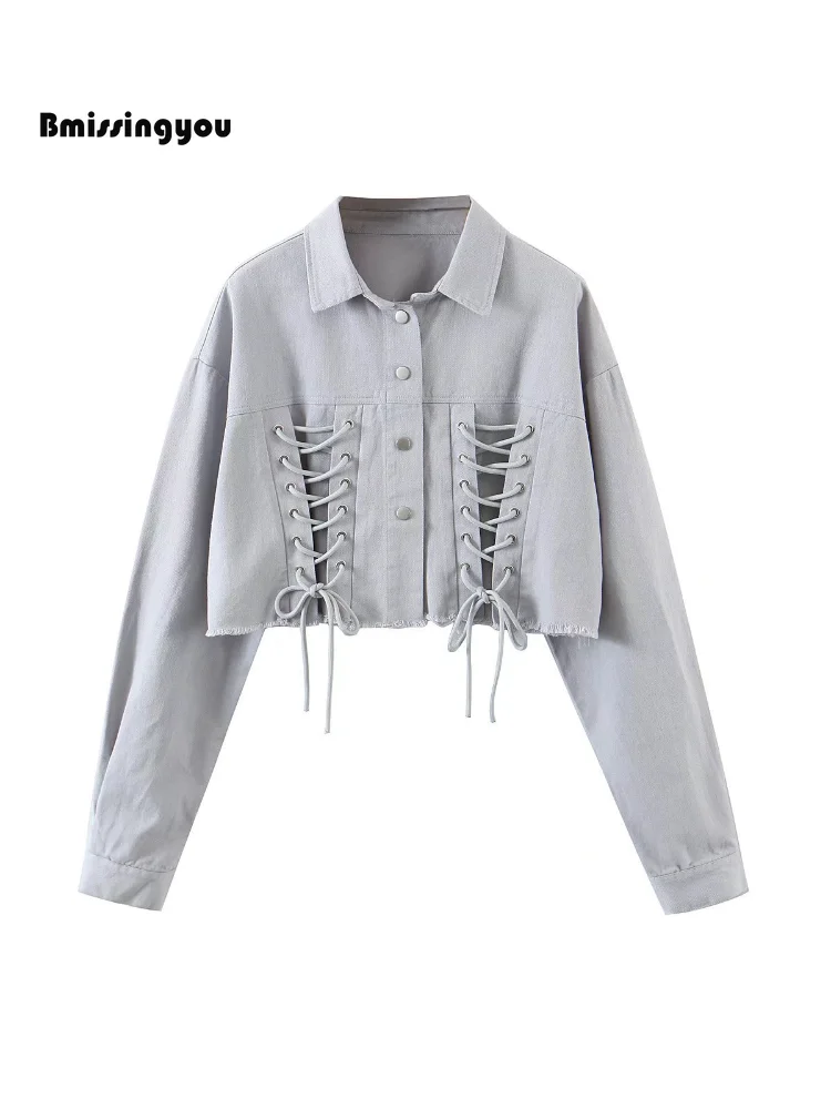 

Bmissingyou Grey Denim Short Women Jacket Outwear Furred Lace Up Single Breasted Harajuku Streetwear Fashion Ladies Tops