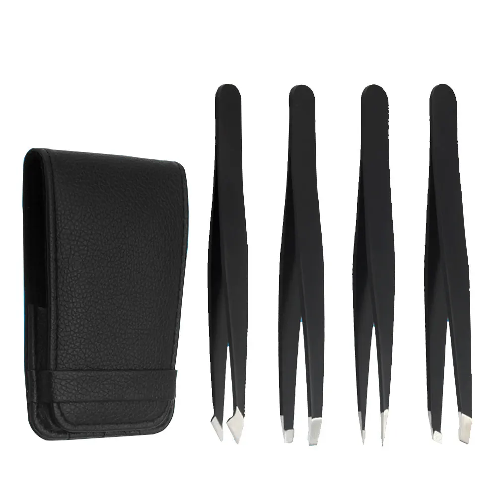 

4 Piece Set Clip Hair Removal Makeup Tool Polished Eyebrow Pliers Professional Tweezer With Case Slant Tip Stainless Steel