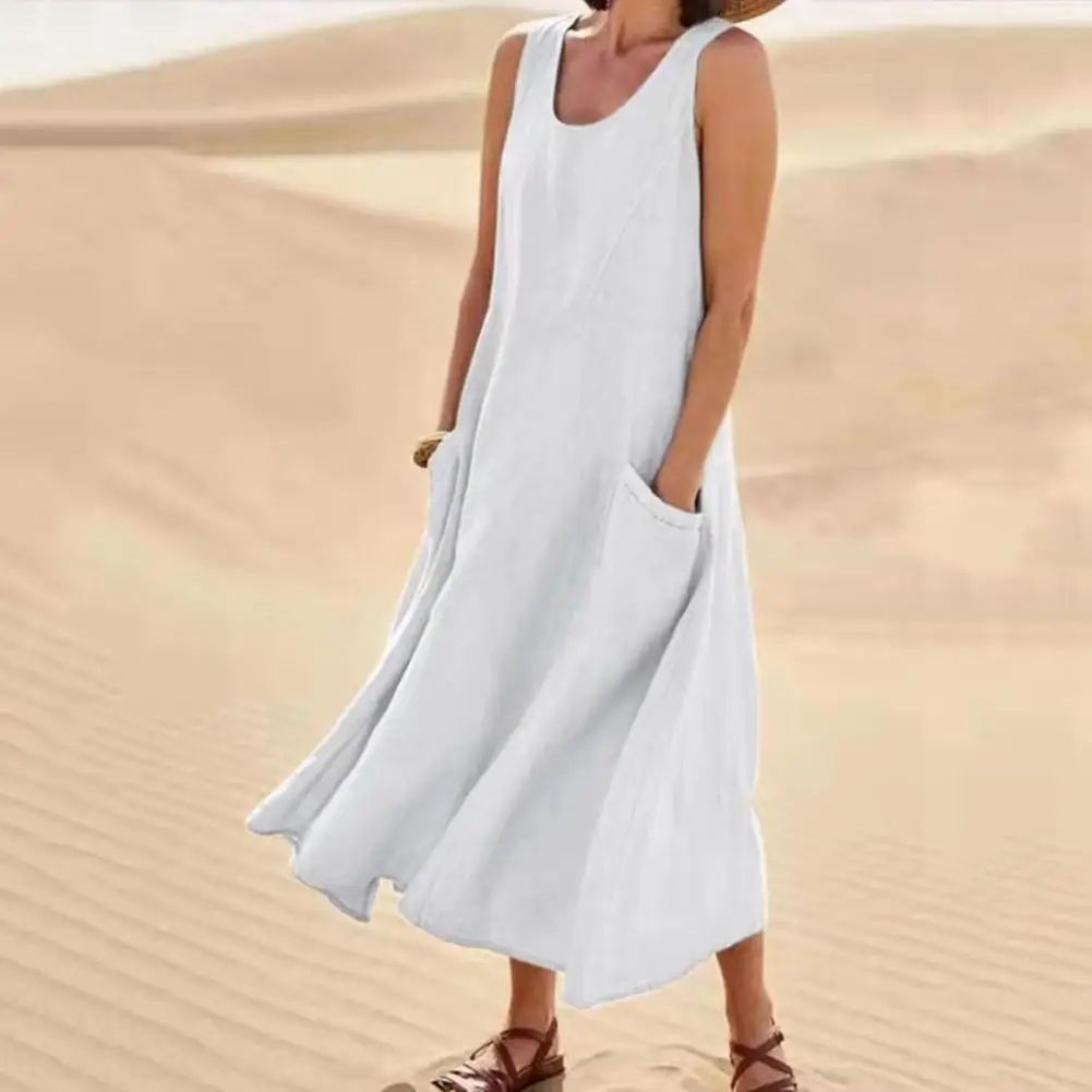 

Women Summer Dress Deep V Neck Solid Color Big Hem Loose Sleeveless Dress-up Pockets Maxi Beach Tank Clothes Female y2k vestidos