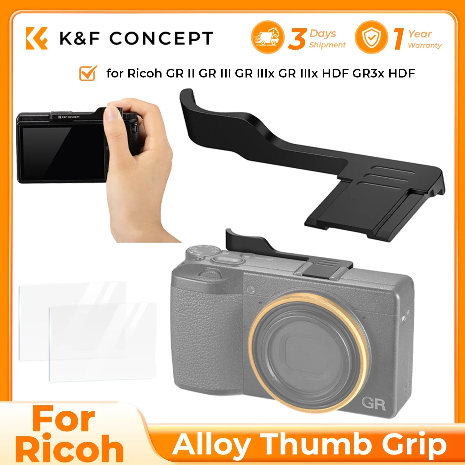 Фото K&F CONCEPT Упор для большого пальца с крышкой горячего башмака и 2 защитными пленками для экрана для Ricoh GR II GR III GR IIIx GR IIIx HDF GR3x HDF №1