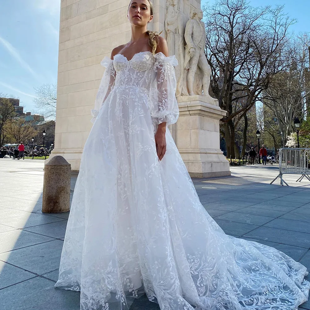 

Boho Simple Wedding Dresses Sweetheart Long Puff Sleeves Tulle Dress A-Line Appliques Summer Beach Lace Open Back Zipper Gowns