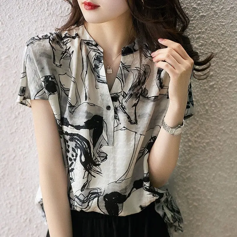 Summer New Printing Vintage Shirts Short Sleeve V Neck Loose All-match Blouse Fashion Casual Women Clothing