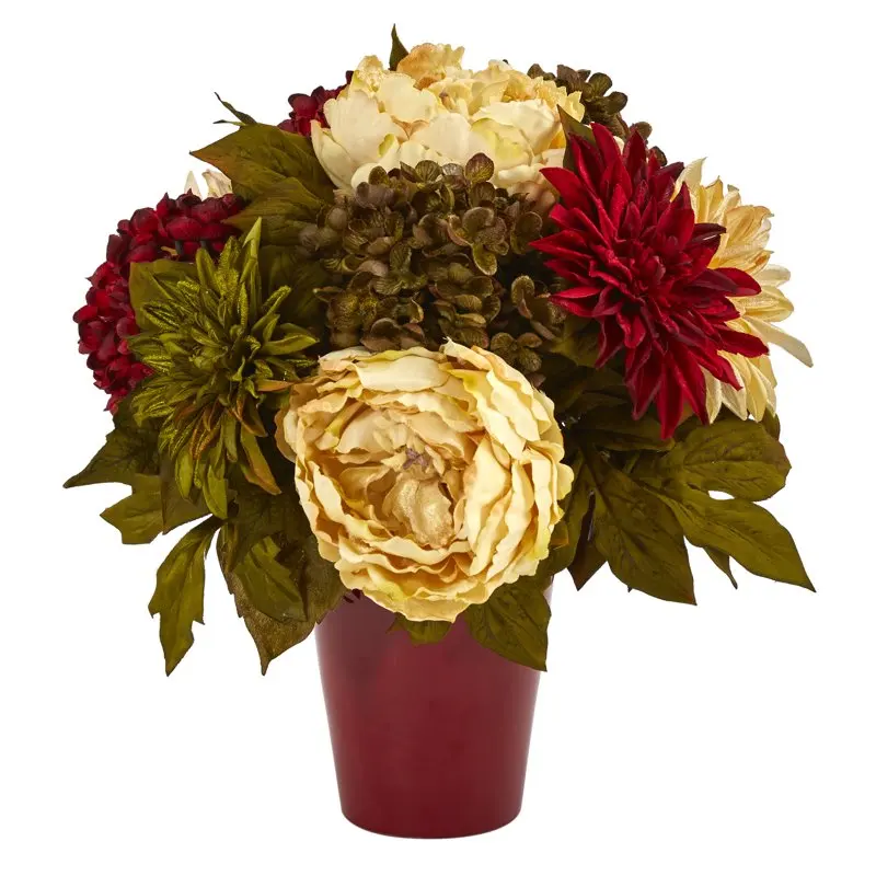 

14" Peony, Hydrangea and Dahlia Artificial Flower Arrangement in Burgundy Vase