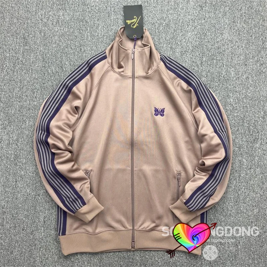 

2023 Taupe Needles Track Jacket Men Women Knitted Purple Stripe Poly Smooth Needles Jackets Butterfly Sport Coat