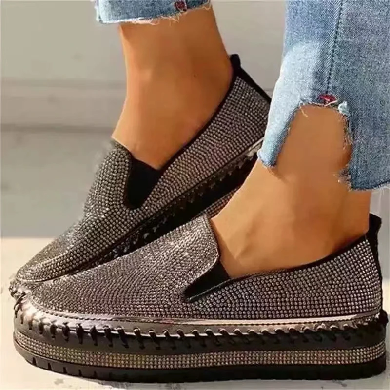 2022 Women's Flat Sparkling with Sneakers Casual Thick Bottom Net Platform Comfortable Loafers Plus Size Vulcanized Shoes Autumn