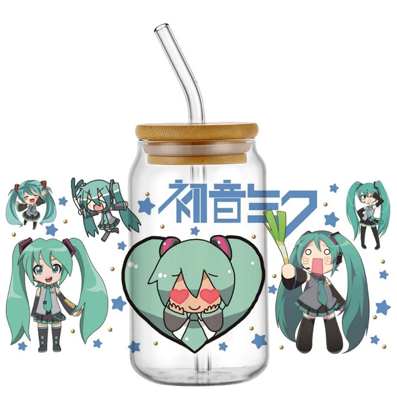 Фото Наклейки для стаканов Hatsune Miku UV DTF, 16 унций, самоклеящиеся, моющиеся, для стеклянных бутылок, DIY, прочные, для автомобиля №2