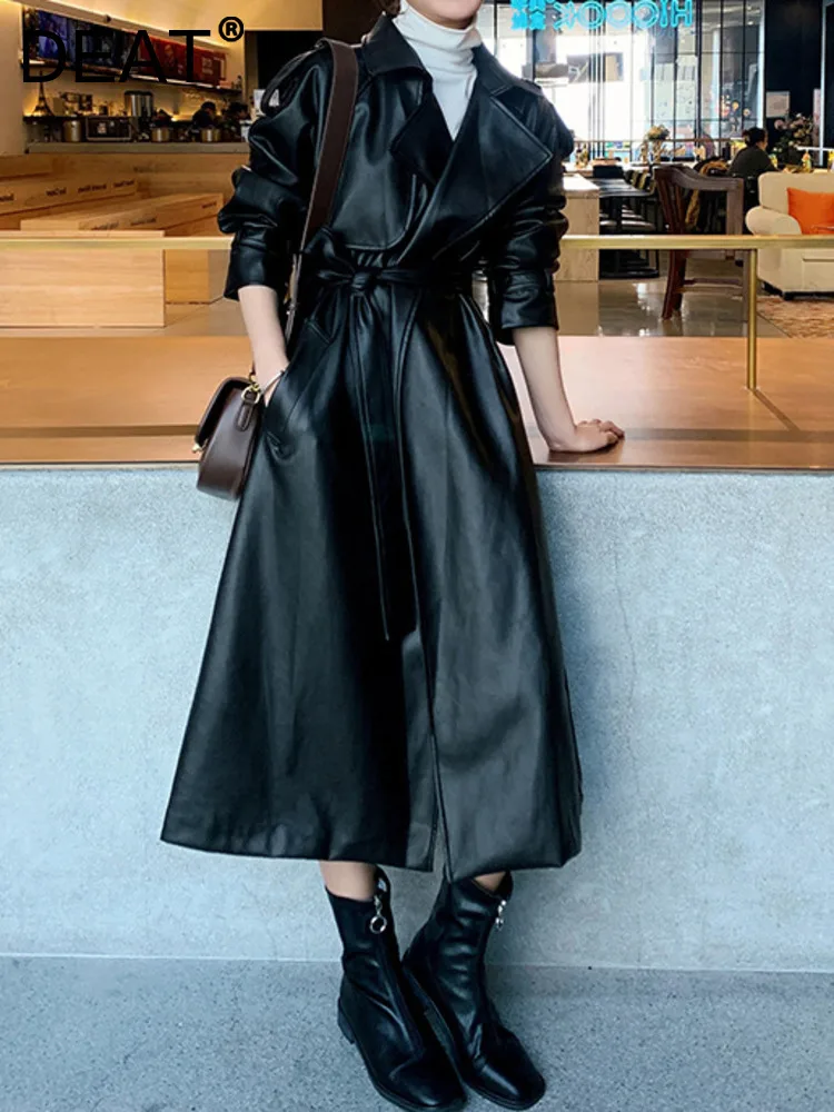 

DEAT Fashion Women PU Leather Jackets Notched Collar Lace-up Waist Asymmetric Ankle-length Black Trench Autumn 2023 New 17A9788