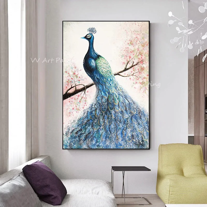 

100% Handmade Abstract peacock beautiful animal large size thick knife picture Oil Painting On Canvas Gold Decor for Living Room