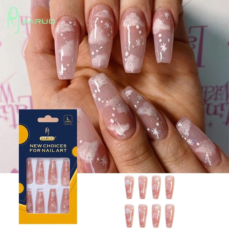 

JIARUO 24PCS/BOX Long Press on Nail Coffin Fake Nails Waterproof Art Gel Cover Long Ballet Nude Transparent Y2k Powder Cloud