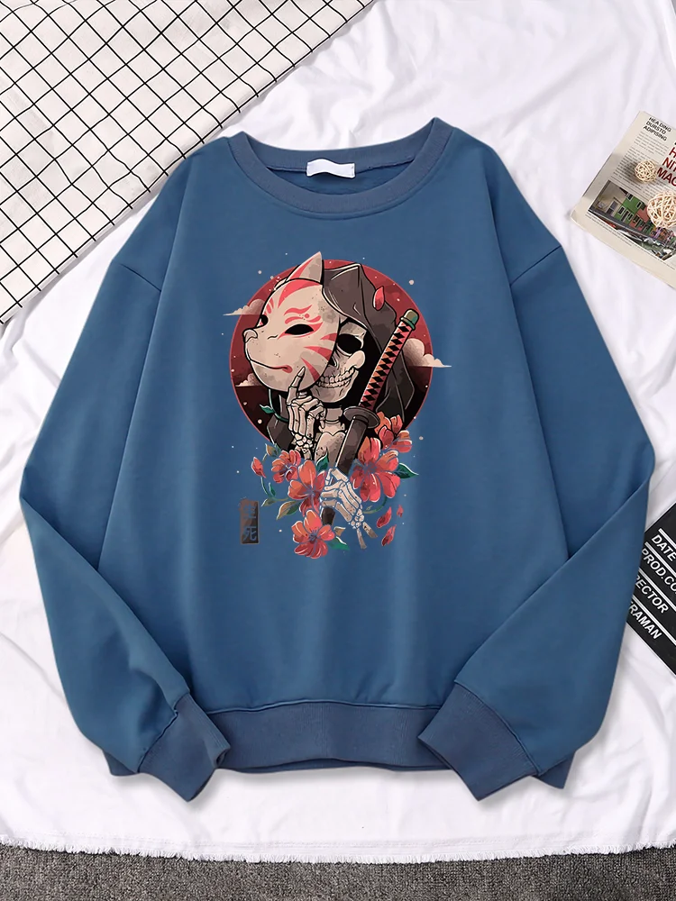 

Death Messenger Life And Death Skull Anime Flowers Samurai Sword Printed Female Hoodies Manga Soft Clothes Cool Womens Pullover