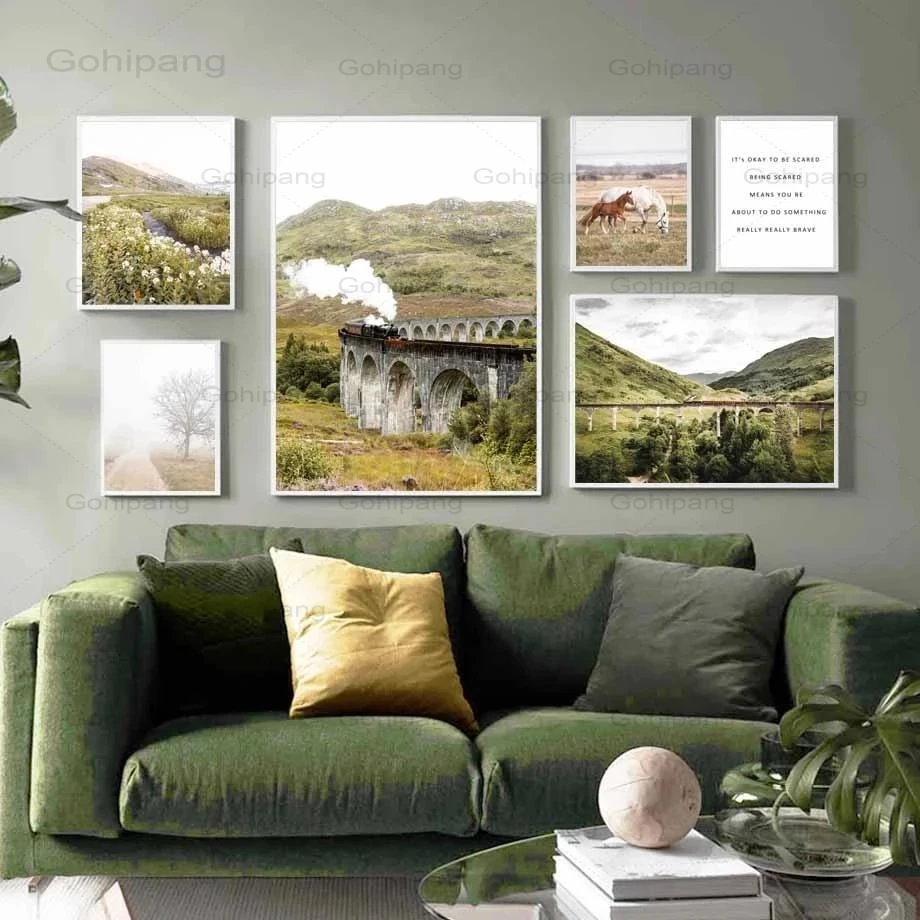 

Wall Art Canvas Painting Train Bridge Flower Nordic Horse Highland Cattle Posters And Prints Wall Pictures For Living Room Decor